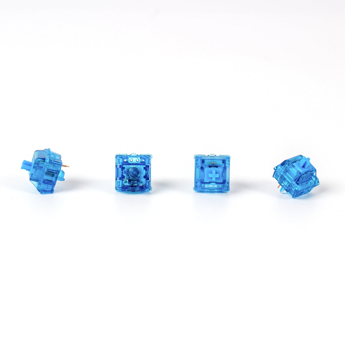 Close-up of Gateron Blue Ink V2 5-pin clicky mechanical keyboard switches with blue transparent housing